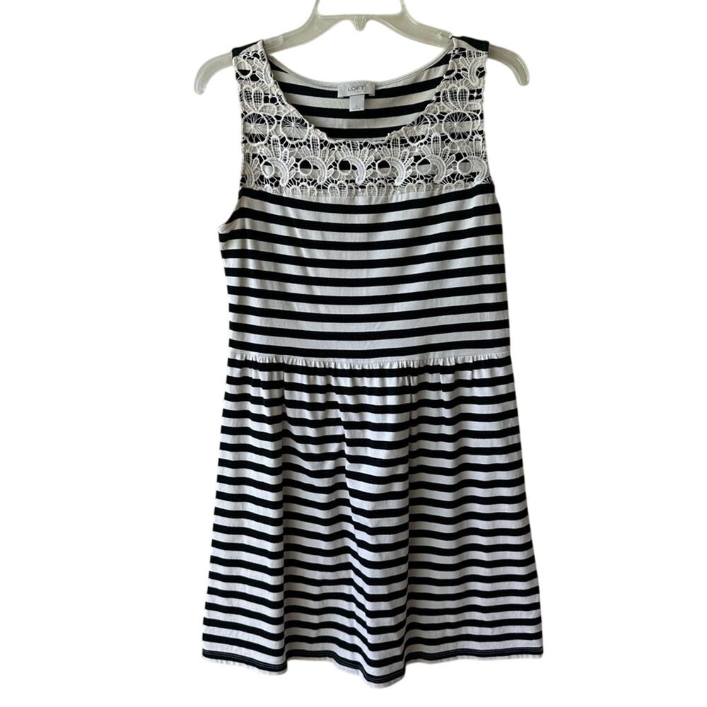 LOFT Dress Fit & Flare Sleeveless Striped Lace Nautical Coastal Black Cream Sm